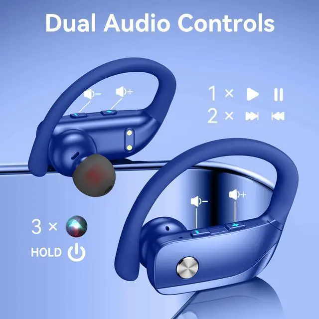Alt view image 4 of 6 - Ear Buds Wireless Earbuds Bluetooth Headphones with 80H Playtime LED Display Case, Over-Ear Hook with Mic, Stereo Sound, Easy Button Controls, Sports Earphones for Running Workout Gym Blue