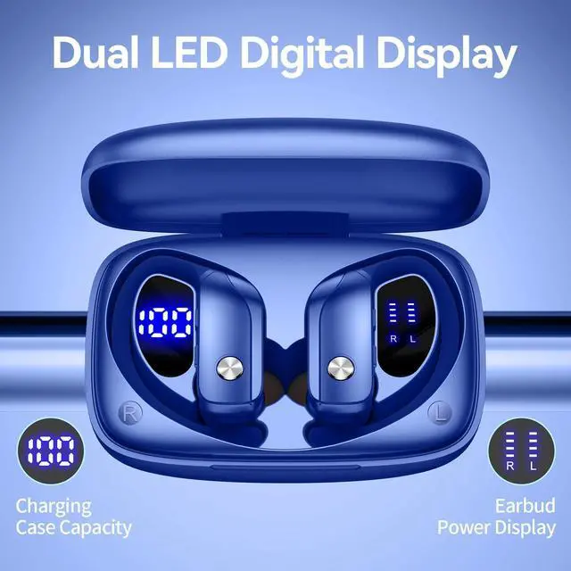 Alt view image 3 of 6 - Ear Buds Wireless Earbuds Bluetooth Headphones with 80H Playtime LED Display Case, Over-Ear Hook with Mic, Stereo Sound, Easy Button Controls, Sports Earphones for Running Workout Gym Blue
