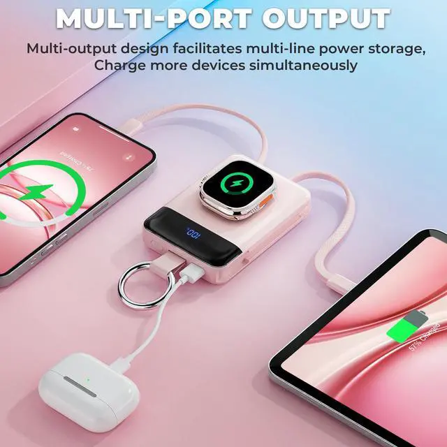 Alt view image 2 of 7 - Portable Charger,5000mAh PD 20W Super Fast Charging Power Bank with Built-in Cables,Travel Keychain Battery Pack for Apple Watch Ultra/11/10/9/8/7/6/SE,iPhone 17/16/15/14/13/12 (Pink)