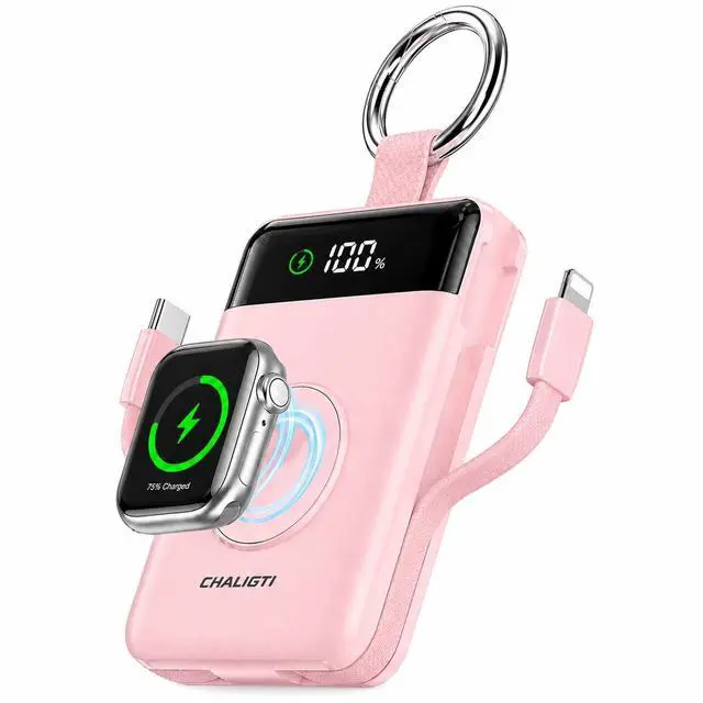 Main image of Portable Charger,5000mAh PD 20W Super Fast Charging Power Bank with Built-in Cables,Travel Keychain Battery Pack for Apple Watch Ultra/11/10/9/8/7/6/SE,iPhone 17/16/15/14/13/12 (Pink)