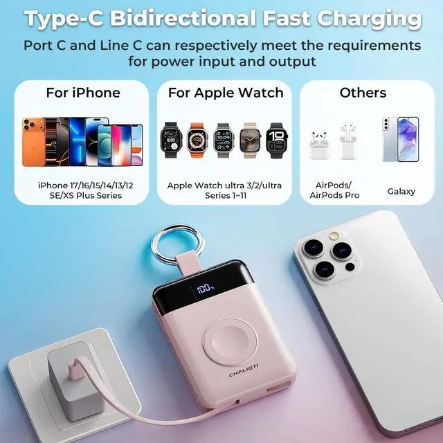 Alt view image 3 of 7 - Portable Charger,5000mAh PD 20W Super Fast Charging Power Bank with Built-in Cables,Travel Keychain Battery Pack for Apple Watch Ultra/11/10/9/8/7/6/SE,iPhone 17/16/15/14/13/12 (Pink)