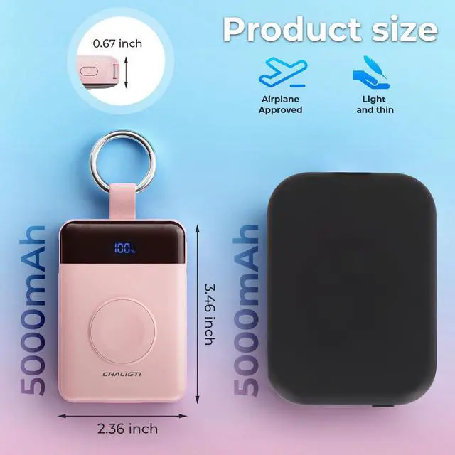 Alt view image 5 of 7 - Portable Charger,5000mAh PD 20W Super Fast Charging Power Bank with Built-in Cables,Travel Keychain Battery Pack for Apple Watch Ultra/11/10/9/8/7/6/SE,iPhone 17/16/15/14/13/12 (Pink)