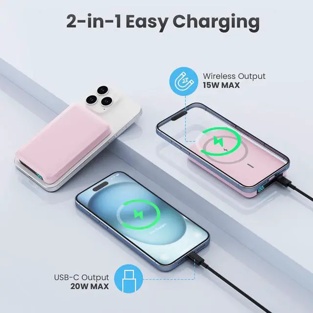 Alt view image 2 of 7 - Magnetic Portable Charger 10800mah for Magsafe Battery Pack, Wireless Power Bank with USB C in&out PD Fast Charging,Travel Essential Phone Battery Charger For iPhone 17/16/15/14/13/12 Series-Pink
