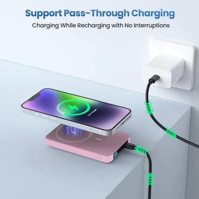 Alt view image 4 of 7 - Magnetic Portable Charger 10800mah for Magsafe Battery Pack, Wireless Power Bank with USB C in&out PD Fast Charging,Travel Essential Phone Battery Charger For iPhone 17/16/15/14/13/12 Series-Pink