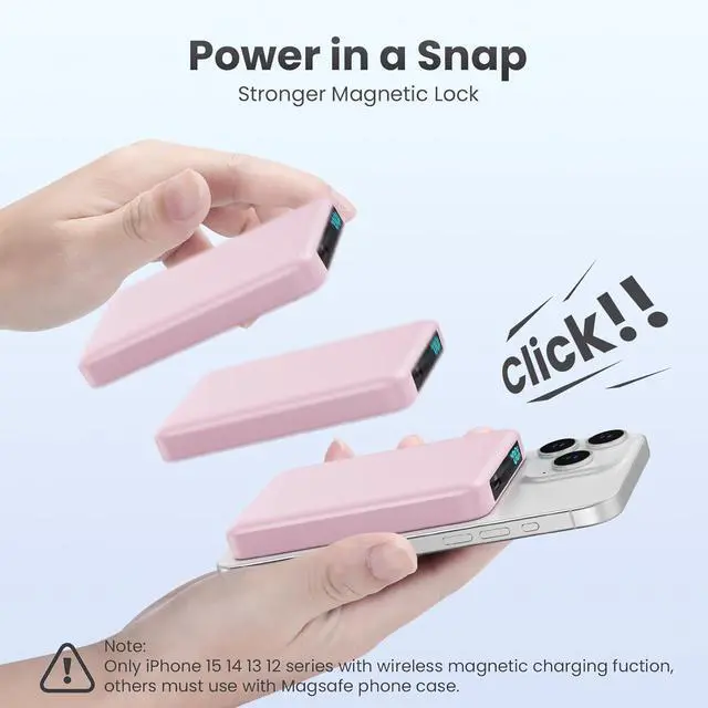Alt view image 7 of 7 - Magnetic Portable Charger 10800mah for Magsafe Battery Pack, Wireless Power Bank with USB C in&out PD Fast Charging,Travel Essential Phone Battery Charger For iPhone 17/16/15/14/13/12 Series-Pink