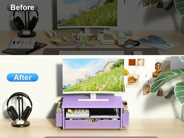 Alt view image 2 of 6 - Desk Organizer and Accessories, Computer Monitor Stand Riser with Drawer and 2 Pen Holders, Office Desk Accessories & Workspace Organizers for Office Supplies (Purple)