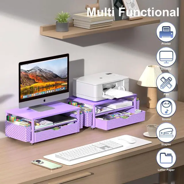 Alt view image 4 of 6 - Desk Organizer and Accessories, Computer Monitor Stand Riser with Drawer and 2 Pen Holders, Office Desk Accessories & Workspace Organizers for Office Supplies (Purple)