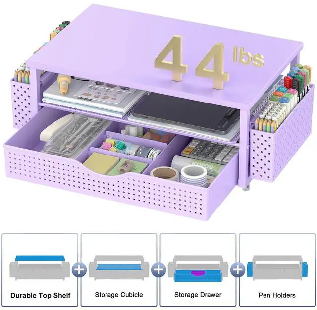 Alt view image 5 of 6 - Desk Organizer and Accessories, Computer Monitor Stand Riser with Drawer and 2 Pen Holders, Office Desk Accessories & Workspace Organizers for Office Supplies (Purple)