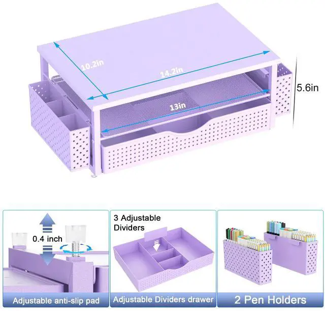 Alt view image 6 of 6 - Desk Organizer and Accessories, Computer Monitor Stand Riser with Drawer and 2 Pen Holders, Office Desk Accessories & Workspace Organizers for Office Supplies (Purple)