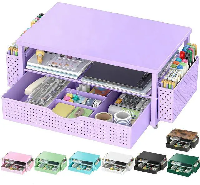 Main image of Desk Organizer and Accessories, Computer Monitor Stand Riser with Drawer and 2 Pen Holders, Office Desk Accessories & Workspace Organizers for Office Supplies (Purple)