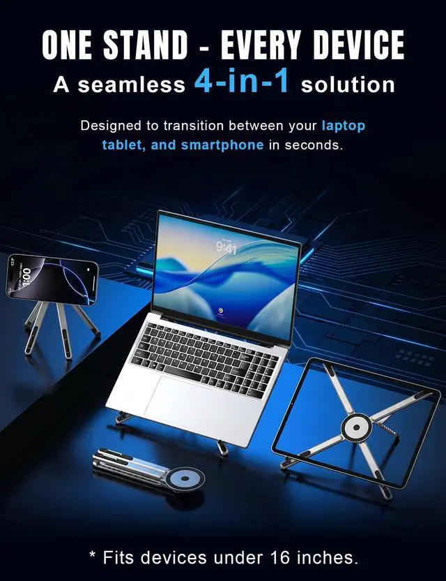 Alt view image 3 of 7 - 4-in-1 Foldable Laptop Stand & Magnetic Phone Holder, Silver Aerospace Aluminum Portable Desk Mount with N52 MagSafe Compatible Tripod Handle for MacBook Pro, iPad, Travel & Vlogging