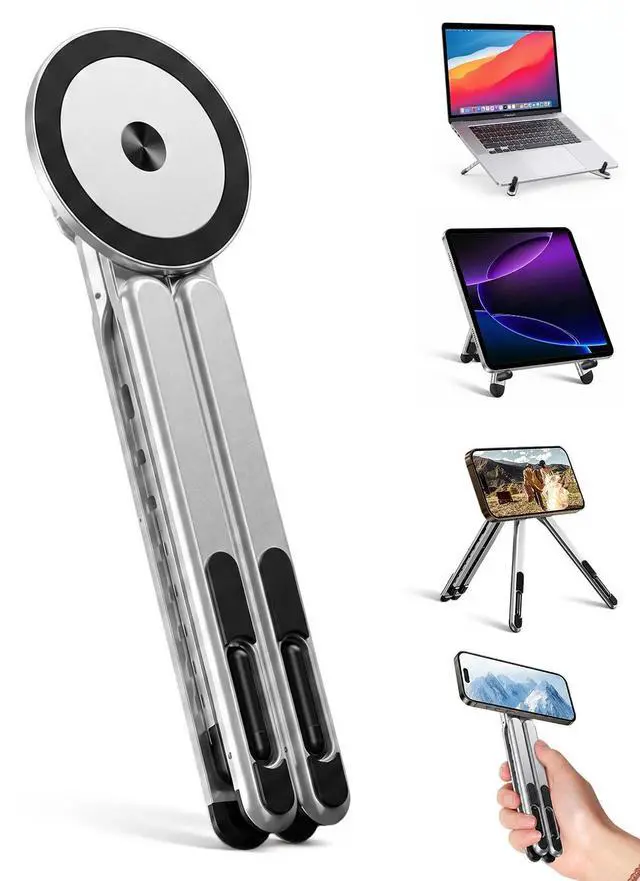 Main image of 4-in-1 Foldable Laptop Stand & Magnetic Phone Holder, Silver Aerospace Aluminum Portable Desk Mount with N52 MagSafe Compatible Tripod Handle for MacBook Pro, iPad, Travel & Vlogging