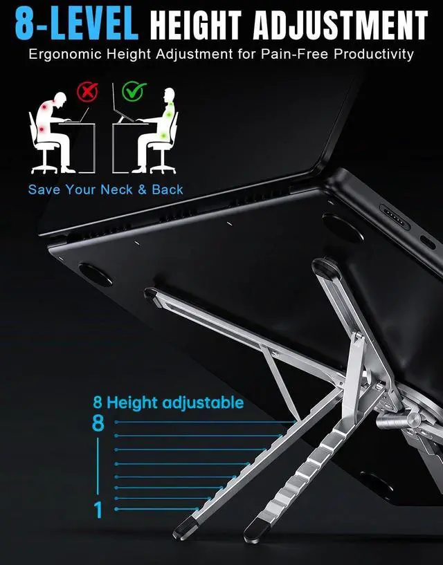 Alt view image 4 of 7 - 4-in-1 Foldable Laptop Stand & Magnetic Phone Holder, Silver Aerospace Aluminum Portable Desk Mount with N52 MagSafe Compatible Tripod Handle for MacBook Pro, iPad, Travel & Vlogging