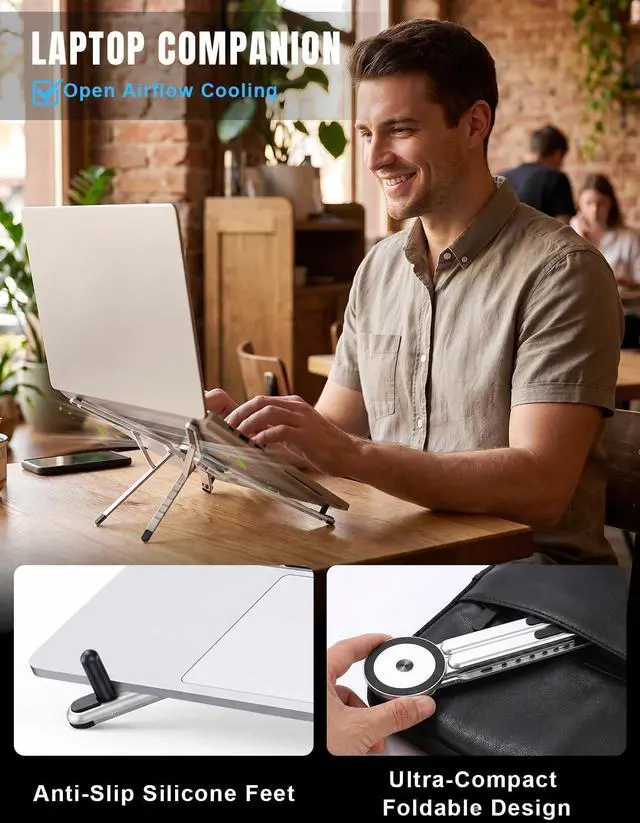 Alt view image 6 of 7 - 4-in-1 Foldable Laptop Stand & Magnetic Phone Holder, Silver Aerospace Aluminum Portable Desk Mount with N52 MagSafe Compatible Tripod Handle for MacBook Pro, iPad, Travel & Vlogging