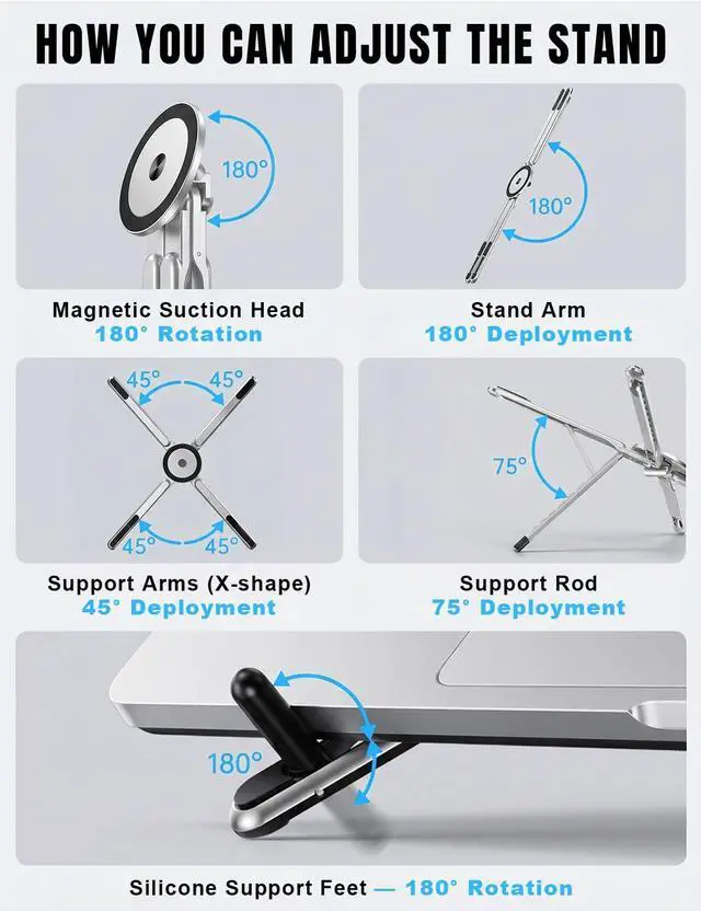Alt view image 2 of 7 - 4-in-1 Foldable Laptop Stand & Magnetic Phone Holder, Silver Aerospace Aluminum Portable Desk Mount with N52 MagSafe Compatible Tripod Handle for MacBook Pro, iPad, Travel & Vlogging