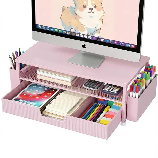 Main image of Desk Organizer and Accessories, 2-Tier Computer Monitor Stand Rise with Storage Drawer & 2 Pen Holders, Laptop & Printer Stand for Desktop, Workspace Organizers for Office Supplies (Pink)