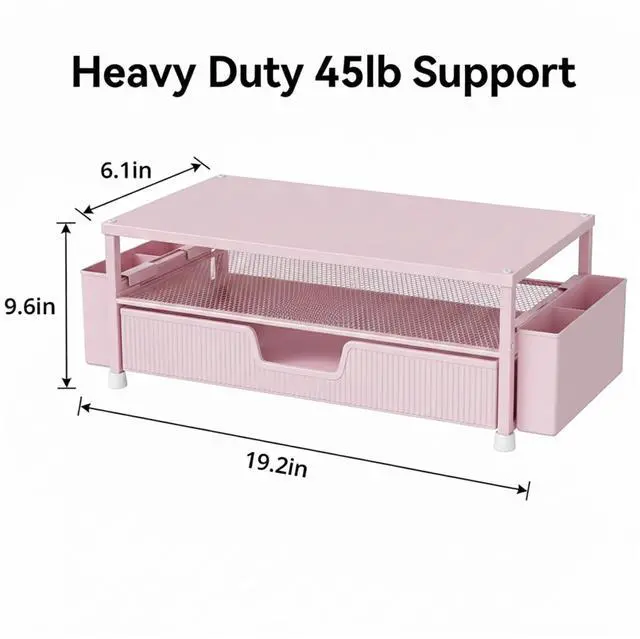 Alt view image 2 of 7 - Desk Organizer and Accessories, 2-Tier Computer Monitor Stand Rise with Storage Drawer & 2 Pen Holders, Laptop & Printer Stand for Desktop, Workspace Organizers for Office Supplies (Pink)