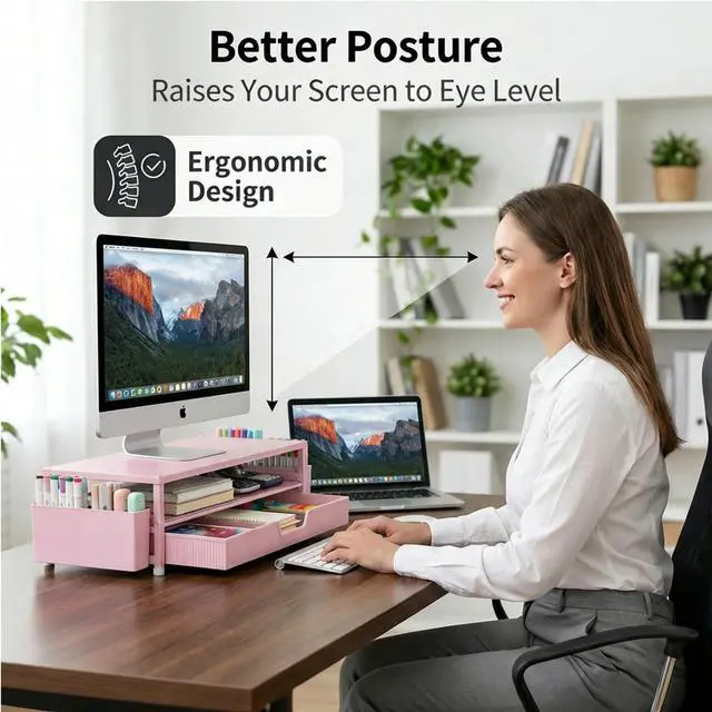 Alt view image 4 of 7 - Desk Organizer and Accessories, 2-Tier Computer Monitor Stand Rise with Storage Drawer & 2 Pen Holders, Laptop & Printer Stand for Desktop, Workspace Organizers for Office Supplies (Pink)