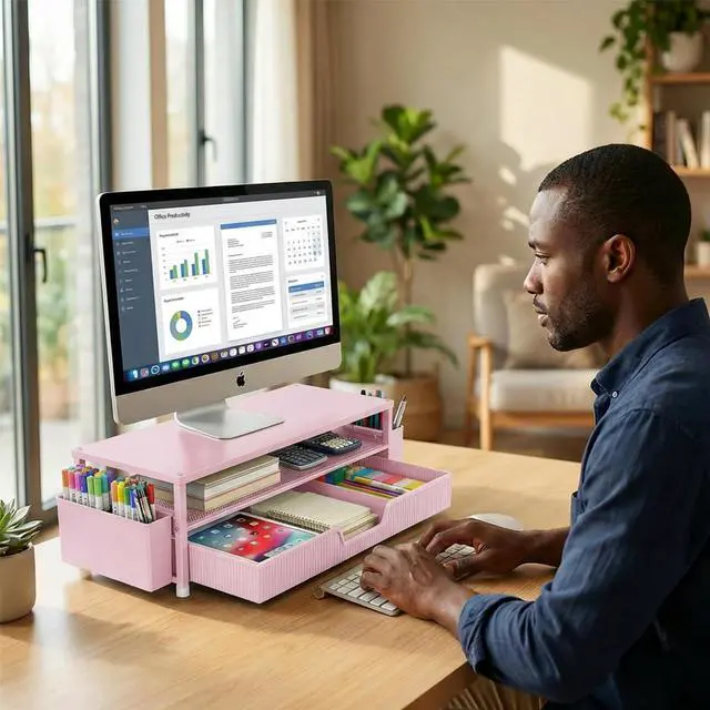Alt view image 7 of 7 - Desk Organizer and Accessories, 2-Tier Computer Monitor Stand Rise with Storage Drawer & 2 Pen Holders, Laptop & Printer Stand for Desktop, Workspace Organizers for Office Supplies (Pink)