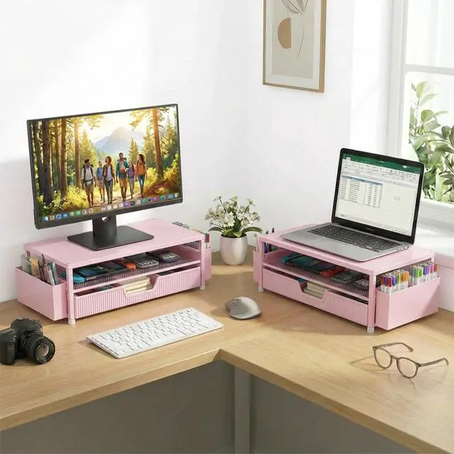 Alt view image 5 of 7 - Desk Organizer and Accessories, 2-Tier Computer Monitor Stand Rise with Storage Drawer & 2 Pen Holders, Laptop & Printer Stand for Desktop, Workspace Organizers for Office Supplies (Pink)