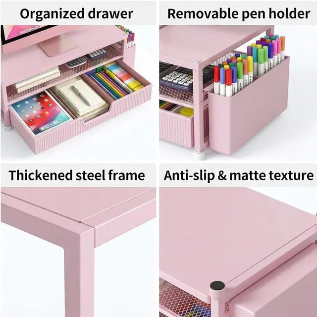 Alt view image 3 of 7 - Desk Organizer and Accessories, 2-Tier Computer Monitor Stand Rise with Storage Drawer & 2 Pen Holders, Laptop & Printer Stand for Desktop, Workspace Organizers for Office Supplies (Pink)