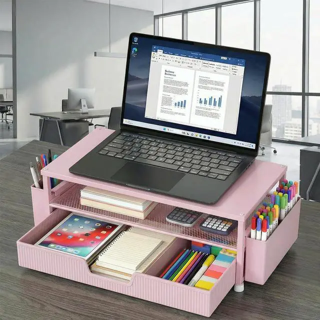 Alt view image 6 of 7 - Desk Organizer and Accessories, 2-Tier Computer Monitor Stand Rise with Storage Drawer & 2 Pen Holders, Laptop & Printer Stand for Desktop, Workspace Organizers for Office Supplies (Pink)