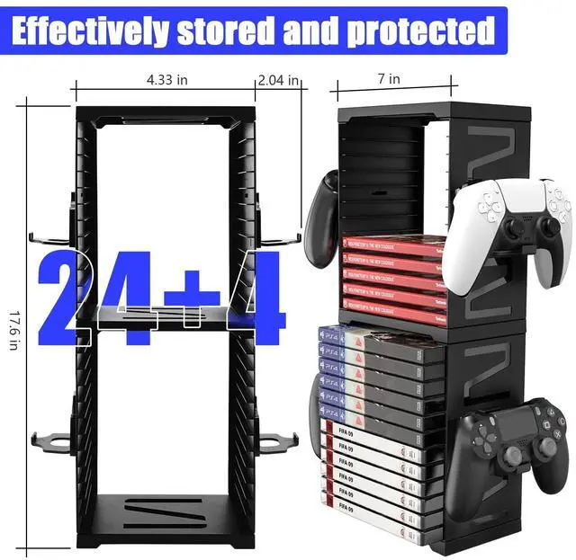 Alt view image 2 of 7 - Game Storage Tower for PS5/PS4/Xbox Series S & X - Universal Video Game Disc Organizer with 24 PCS Holders, 4 Controller Slots & Stand Rack Accessories - Black