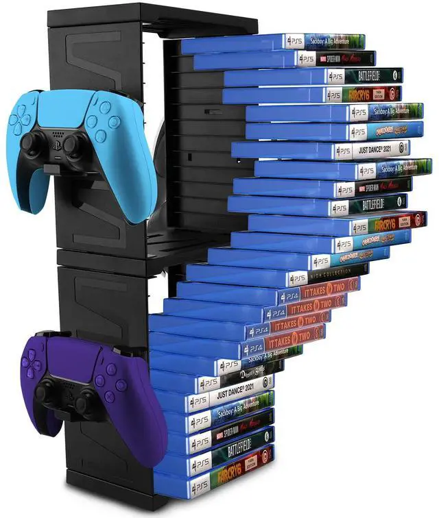 Main image of Game Storage Tower for PS5/PS4/Xbox Series S & X - Universal Video Game Disc Organizer with 24 PCS Holders, 4 Controller Slots & Stand Rack Accessories - Black
