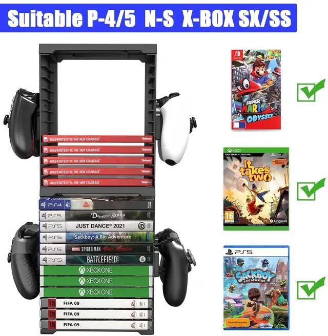 Alt view image 4 of 7 - Game Storage Tower for PS5/PS4/Xbox Series S & X - Universal Video Game Disc Organizer with 24 PCS Holders, 4 Controller Slots & Stand Rack Accessories - Black