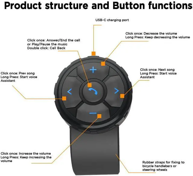 Alt view image 3 of 6 - Bluetooth Media Button Remote Control IPX6 Waterproof Strap Type Wireless Controller for Car Bike Motorbike Steering Wheel Siri Call & Camera Compatible for iPhone Samsung Galaxy Any Android Device