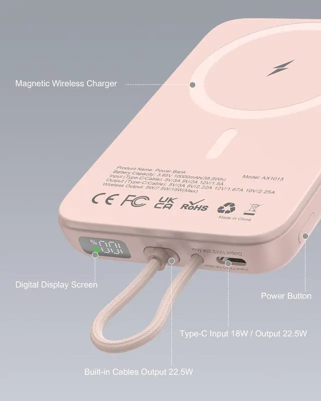 Alt view image 7 of 7 - Wireless Portable Charger, 10000mAh Magnetic Power Bank with Type-C Cable, 22.5W PD Fast Charging Output Portable Battery Pack for iPhone 17/16/15/14/13/12/ All Series, Pink