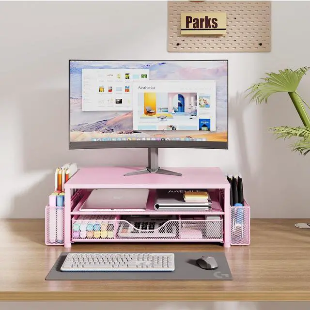 Alt view image 2 of 7 - Desk Organizers and Accessories, 2-Tier Computer Monitor Stand Riser with Drawer and 2 Pen Holders, Laptop Stand, Office Desk Accessories & Office Decor for Women, Pink