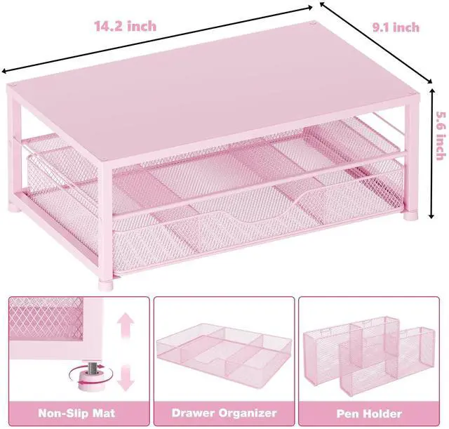 Alt view image 3 of 7 - Desk Organizers and Accessories, 2-Tier Computer Monitor Stand Riser with Drawer and 2 Pen Holders, Laptop Stand, Office Desk Accessories & Office Decor for Women, Pink