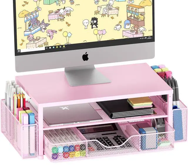 Main image of Desk Organizers and Accessories, 2-Tier Computer Monitor Stand Riser with Drawer and 2 Pen Holders, Laptop Stand, Office Desk Accessories & Office Decor for Women, Pink