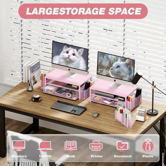 Alt view image 4 of 7 - Desk Organizers and Accessories, 2-Tier Computer Monitor Stand Riser with Drawer and 2 Pen Holders, Laptop Stand, Office Desk Accessories & Office Decor for Women, Pink