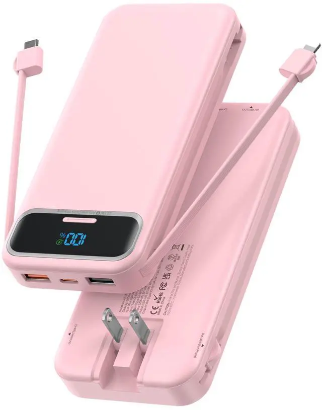Main image of Portable Charger, 12000mAh 22.5W Fast Charging Power Bank with Built-in Cables & Wall Plug, USB C External Battery Pack with LED Display, Travel Essential Charging Bank for iPhone, iPad, Samsung Pink