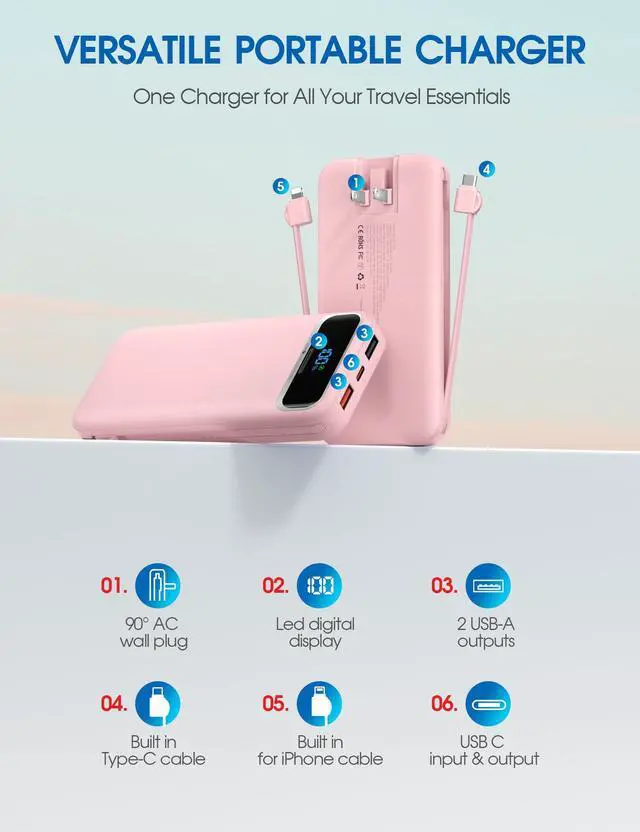 Alt view image 2 of 7 - Portable Charger, 12000mAh 22.5W Fast Charging Power Bank with Built-in Cables & Wall Plug, USB C External Battery Pack with LED Display, Travel Essential Charging Bank for iPhone, iPad, Samsung Pink