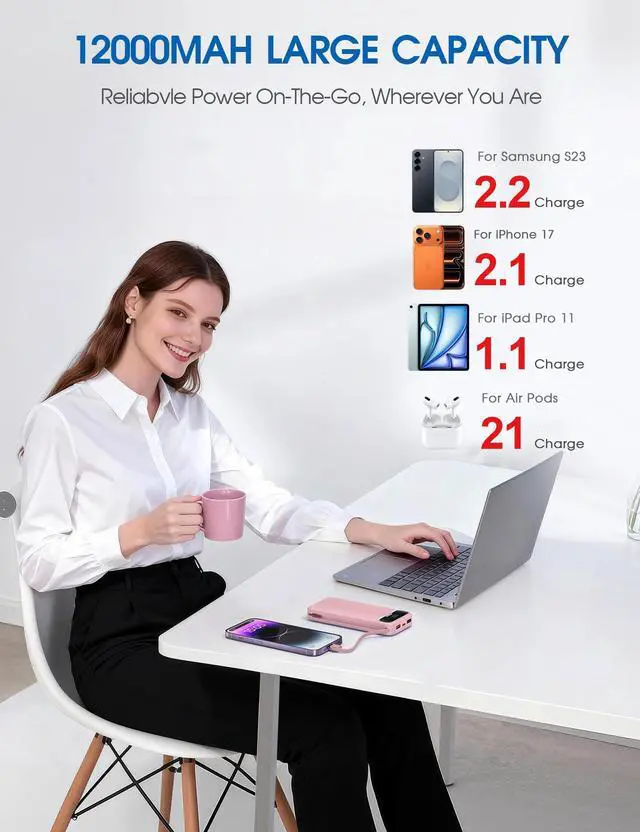 Alt view image 5 of 7 - Portable Charger, 12000mAh 22.5W Fast Charging Power Bank with Built-in Cables & Wall Plug, USB C External Battery Pack with LED Display, Travel Essential Charging Bank for iPhone, iPad, Samsung Pink