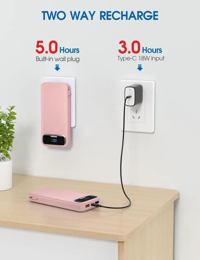 Alt view image 7 of 7 - Portable Charger, 12000mAh 22.5W Fast Charging Power Bank with Built-in Cables & Wall Plug, USB C External Battery Pack with LED Display, Travel Essential Charging Bank for iPhone, iPad, Samsung Pink