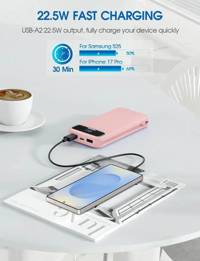 Alt view image 4 of 7 - Portable Charger, 12000mAh 22.5W Fast Charging Power Bank with Built-in Cables & Wall Plug, USB C External Battery Pack with LED Display, Travel Essential Charging Bank for iPhone, iPad, Samsung Pink