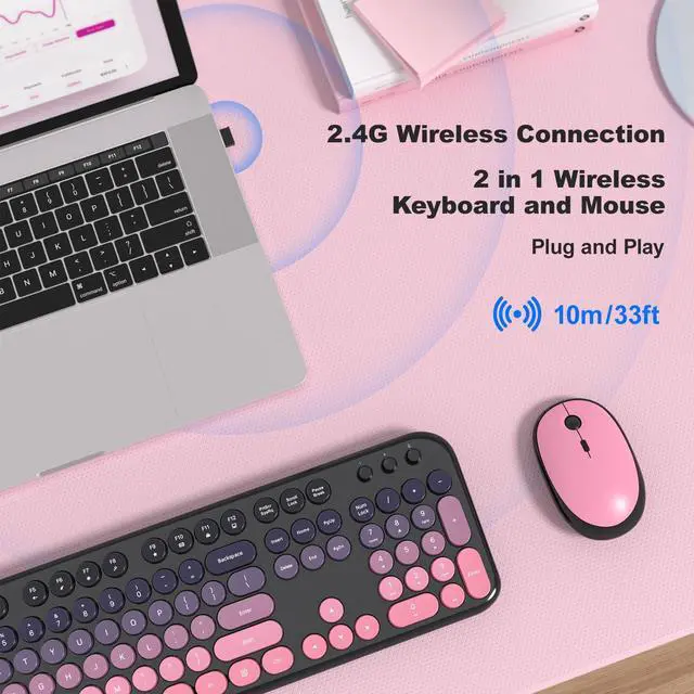Alt view image 2 of 7 - Wireless Keyboard Mouse Combo, Typewriter Full Size Keyboard with Number Pad and 2 in 1 USB Connected Mouse for PC Computer Laptop Desktop Windows 7 8 10 11 (Berry Pink)