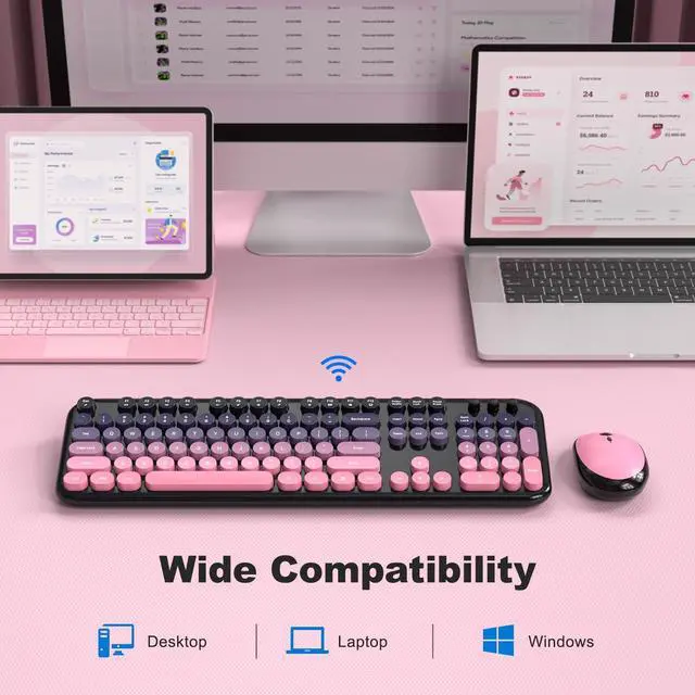 Alt view image 5 of 7 - Wireless Keyboard Mouse Combo, Typewriter Full Size Keyboard with Number Pad and 2 in 1 USB Connected Mouse for PC Computer Laptop Desktop Windows 7 8 10 11 (Berry Pink)