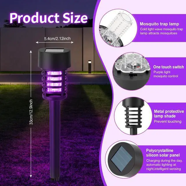 Alt view image 2 of 6 - 4 Pcs Solar Bug Zapper Outdoor Mosquito Killer Lamp with LED Lights Waterproof Grid Cylinder Mosquito Repellent Killer Zapper with High Voltage Electric for Garden Patio Yard (Stylish,Black)