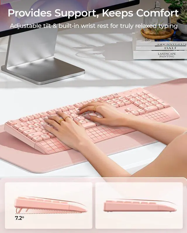 Alt view image 3 of 6 - Bluetooth Wireless Keyboard, Wireless Ergonomic Keyboard with Wrist Rest, Multi-Device Bluetooth Keyboard with Number Pad, Full-Size Keyboard for Laptop/MacBook/Mac/Windows, Pink