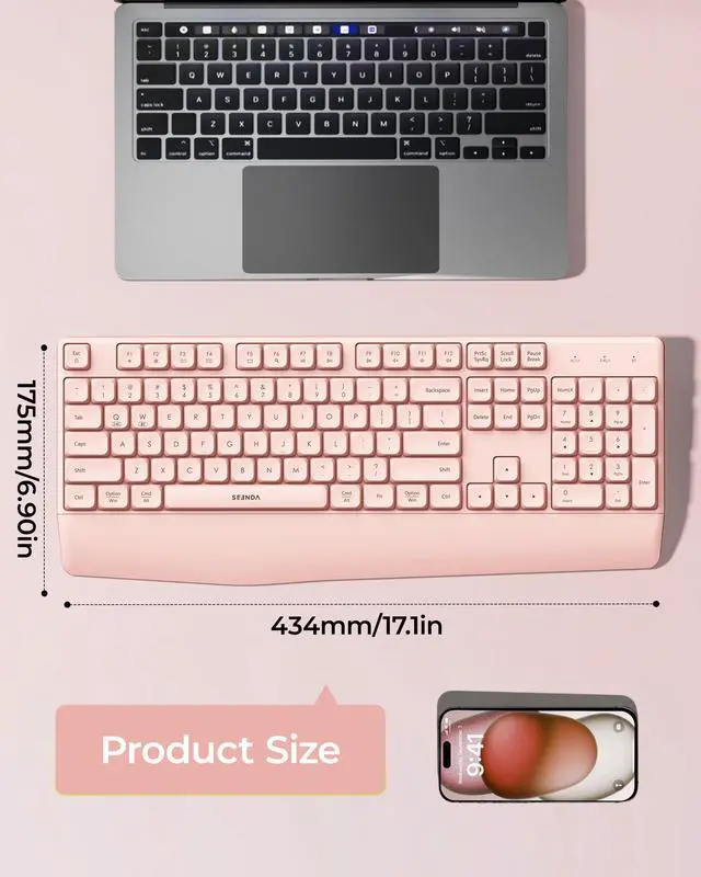 Alt view image 6 of 6 - Bluetooth Wireless Keyboard, Wireless Ergonomic Keyboard with Wrist Rest, Multi-Device Bluetooth Keyboard with Number Pad, Full-Size Keyboard for Laptop/MacBook/Mac/Windows, Pink