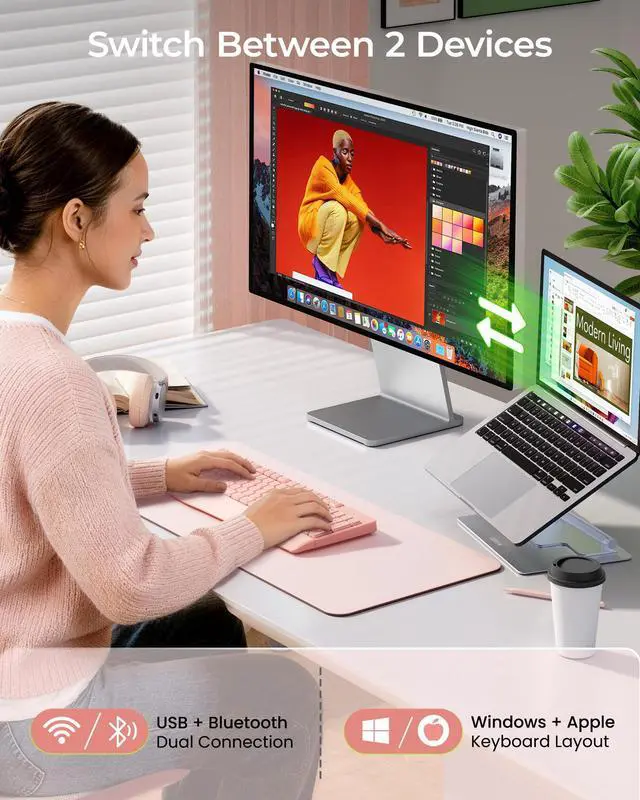 Main image of Bluetooth Wireless Keyboard, Wireless Ergonomic Keyboard with Wrist Rest, Multi-Device Bluetooth Keyboard with Number Pad, Full-Size Keyboard for Laptop/MacBook/Mac/Windows, Pink