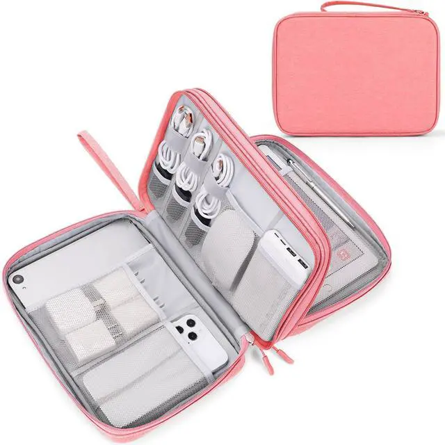 Main image of Electronic Organizer, Extra Large Travel Cable Organizer Bag Pouch Portable Waterproof Double Layers All-in-One Storage Bag for iPad, Cable, Power Bank, Laptop Charger for Office/Home, Pink