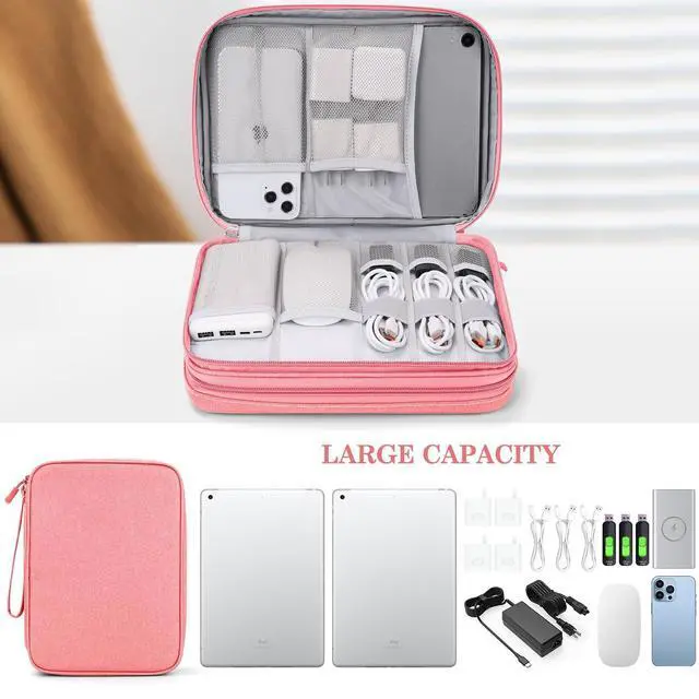 Alt view image 4 of 5 - Electronic Organizer, Extra Large Travel Cable Organizer Bag Pouch Portable Waterproof Double Layers All-in-One Storage Bag for iPad, Cable, Power Bank, Laptop Charger for Office/Home, Pink
