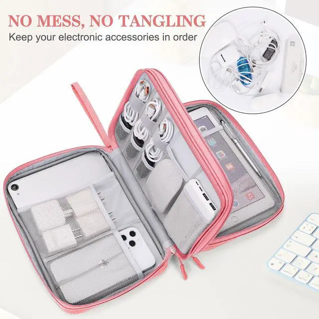 Alt view image 3 of 5 - Electronic Organizer, Extra Large Travel Cable Organizer Bag Pouch Portable Waterproof Double Layers All-in-One Storage Bag for iPad, Cable, Power Bank, Laptop Charger for Office/Home, Pink