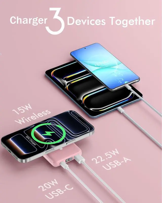 Alt view image 4 of 6 - for Magsafe Battery Pack, Foldable 10000mAh Magnetic Power Bank with USB-C Cable LED Display 22.5W PD Fast Charging Wireless Portable Charger for iPhone 17/16/15/14/13/12 Series-Pink